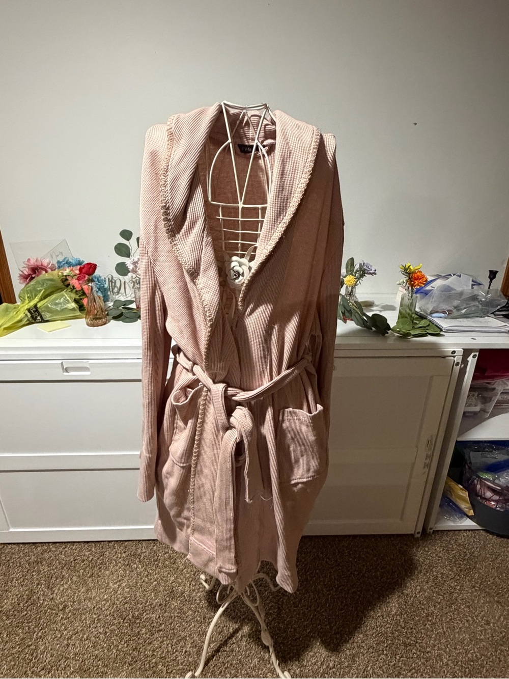 Able Waffle-Knit Hooded Robe in Blush Pink
